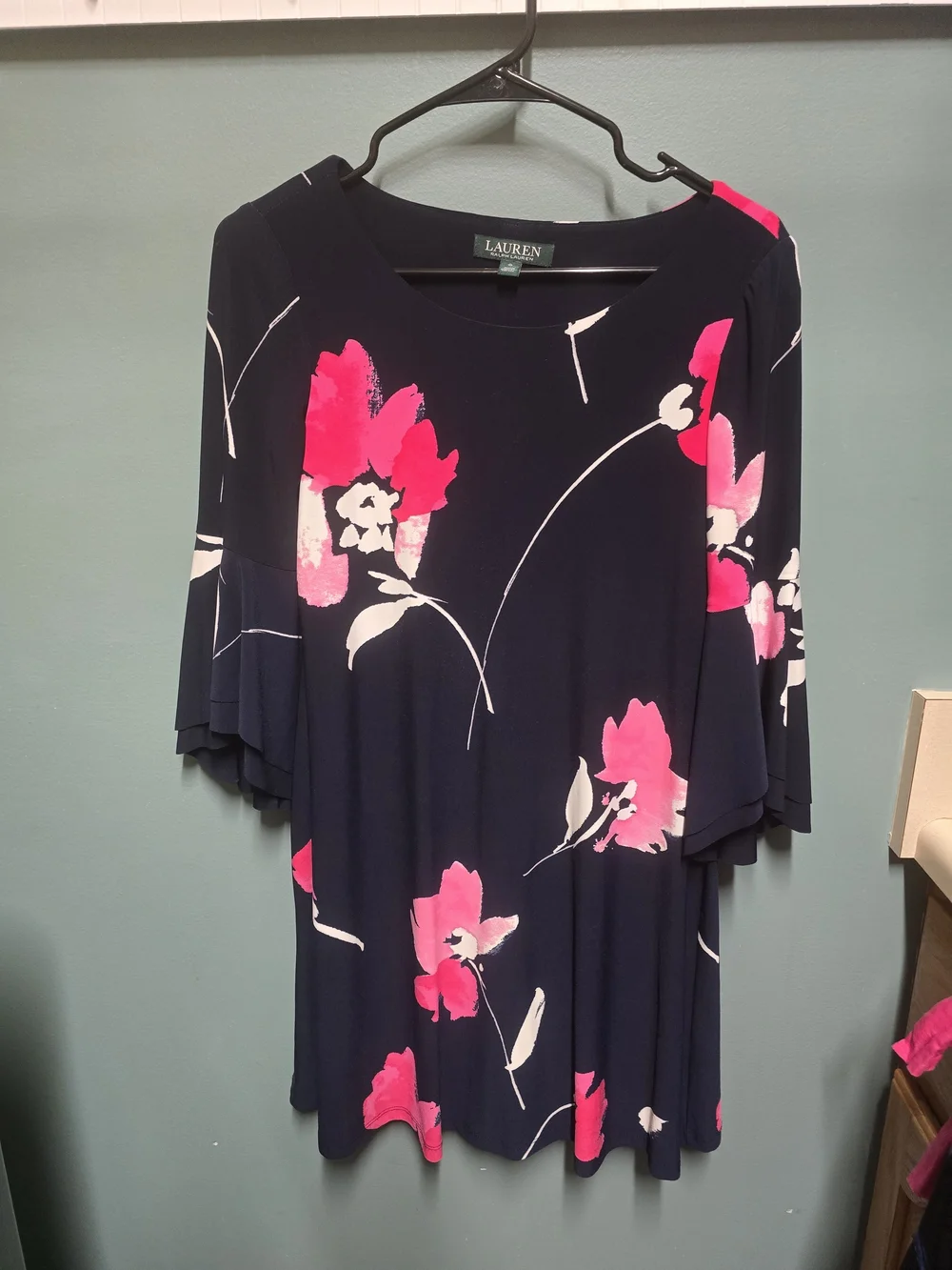 Lauren Ralph Lauren Navy Pink Floral Dress Drapey Bell Sleeves